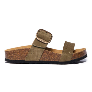 Soft Green Suede Plakton CP Claire sandal with two suede straps, one featuring a large bronze buckle, cork and Memory Foam footbed, and a black lightweight sole.